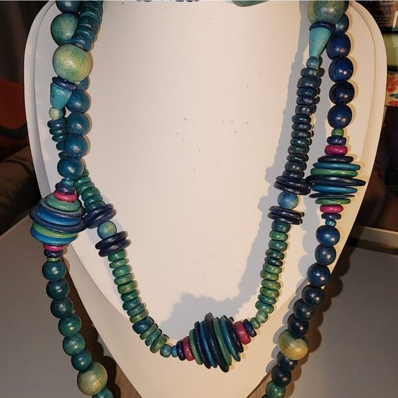 Blue and Green Wooden Beaded Necklaces with Textured Designs NWOT - Picture 10 of 10